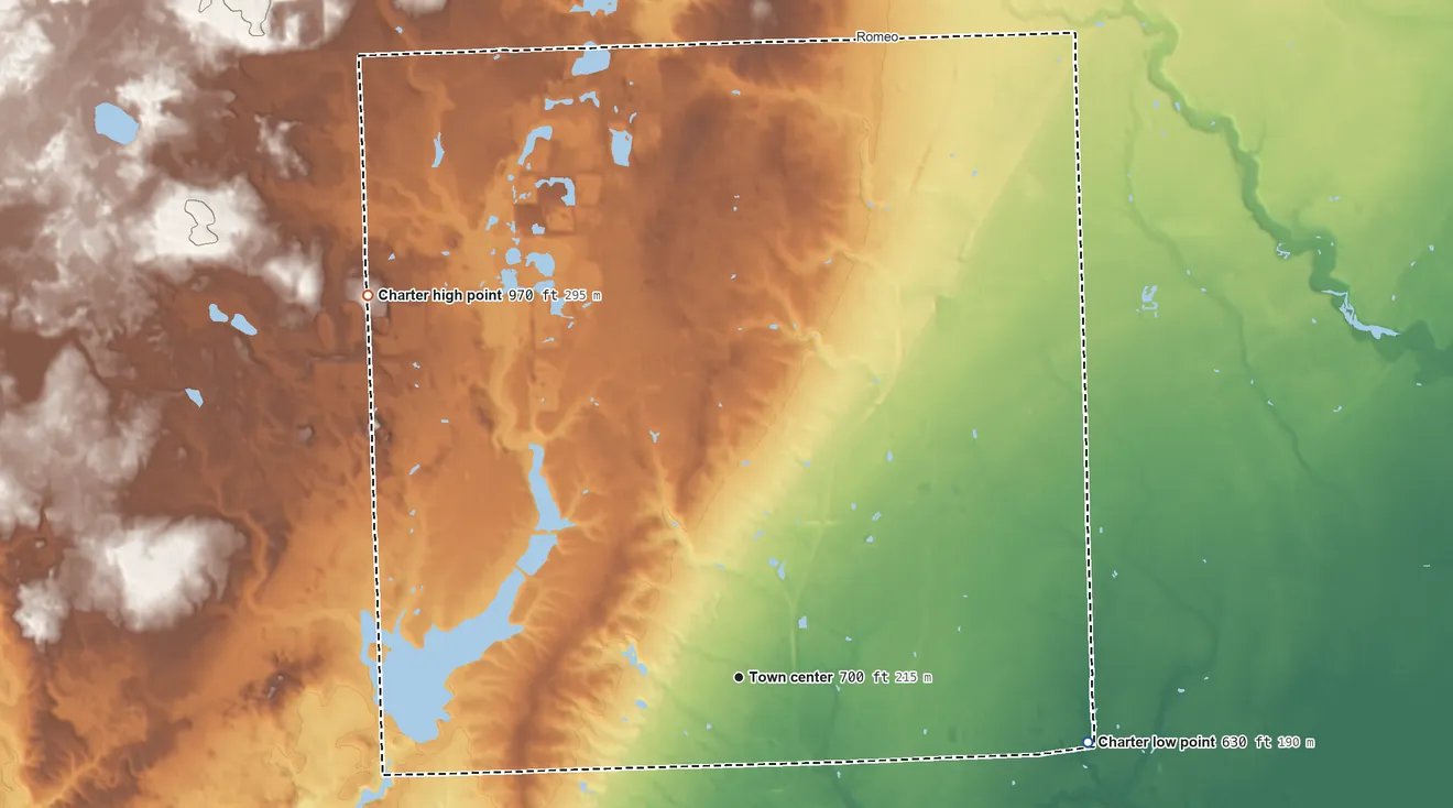 Topographic elevation map of Washington Township, Michigan, shaded from 630 ft on the east side to 970 ft on the northwest side