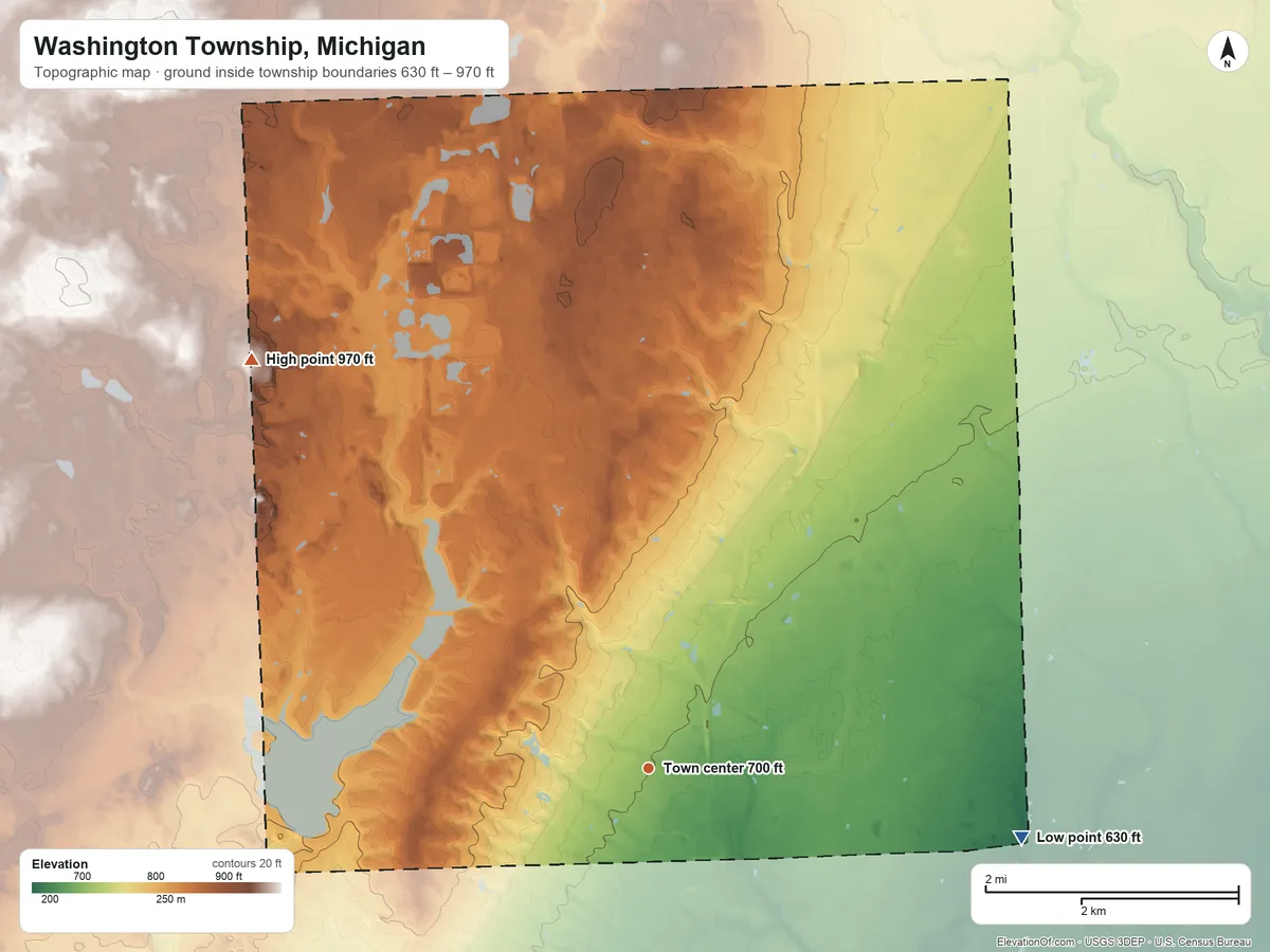 Topographic elevation map of Washington Township, Michigan, shaded from 630 ft on the east side to 970 ft on the northwest side