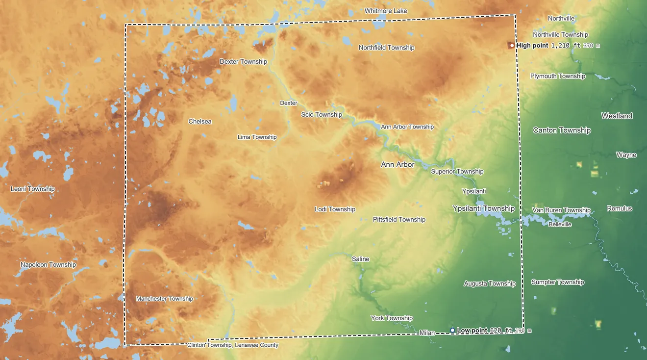 Topographic elevation map of Washtenaw County, Michigan, shaded from 620 ft on the southeast side to 1,210 ft on the northeast side