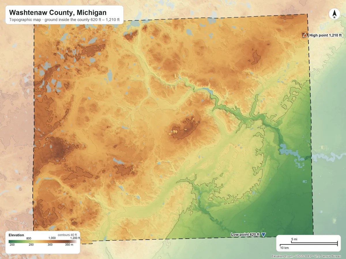 Topographic elevation map of Washtenaw County, Michigan, shaded from 620 ft on the southeast side to 1,210 ft on the northeast side