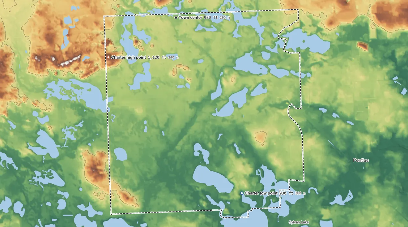 Topographic elevation map of Waterford Township, Michigan, shaded from 930 ft on the south side to 1,120 ft on the southwest side