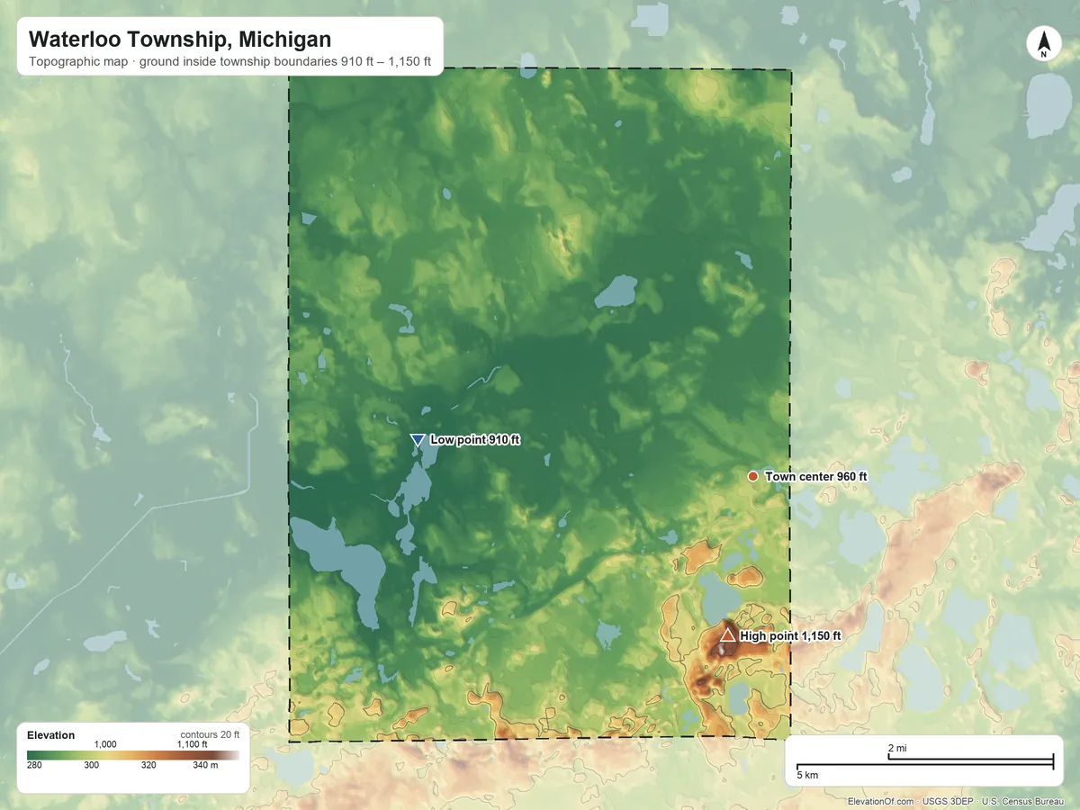 Topographic elevation map of Waterloo Township, Michigan, shaded from 910 ft on the west side to 1,150 ft on the south side