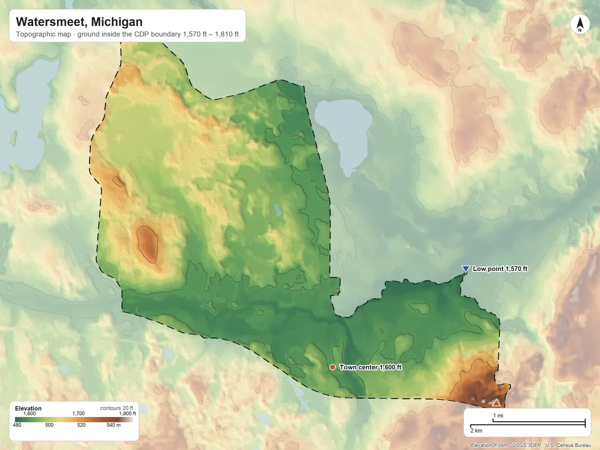 Topographic elevation map of Watersmeet, Michigan, shaded from 1,570 ft on the northeast side to 1,810 ft on the east side