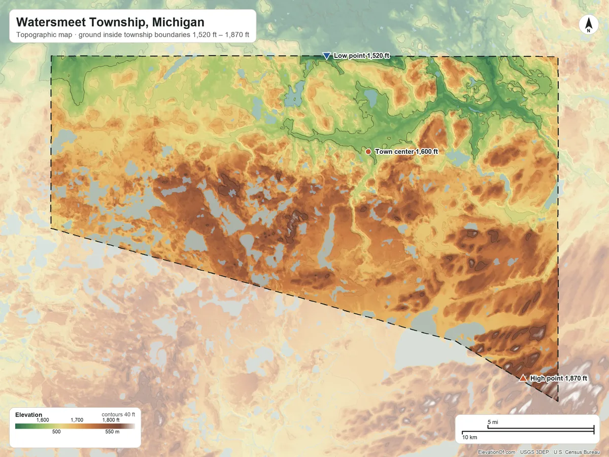 Topographic elevation map of Watersmeet Township, Michigan, shaded from 1,520 ft on the northwest side to 1,870 ft on the southeast side