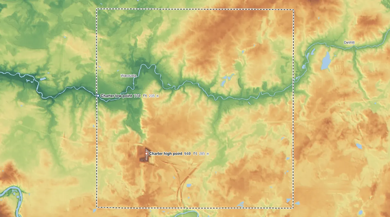 Topographic elevation map of Watertown Township, Michigan, shaded from 770 ft on the west side to 940 ft on the southwest side