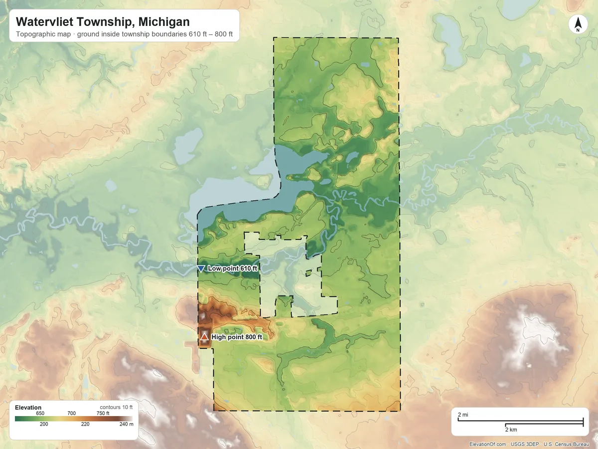 Topographic elevation map of Watervliet Township, Michigan, shaded from 610 ft on the west side to 800 ft on the southwest side