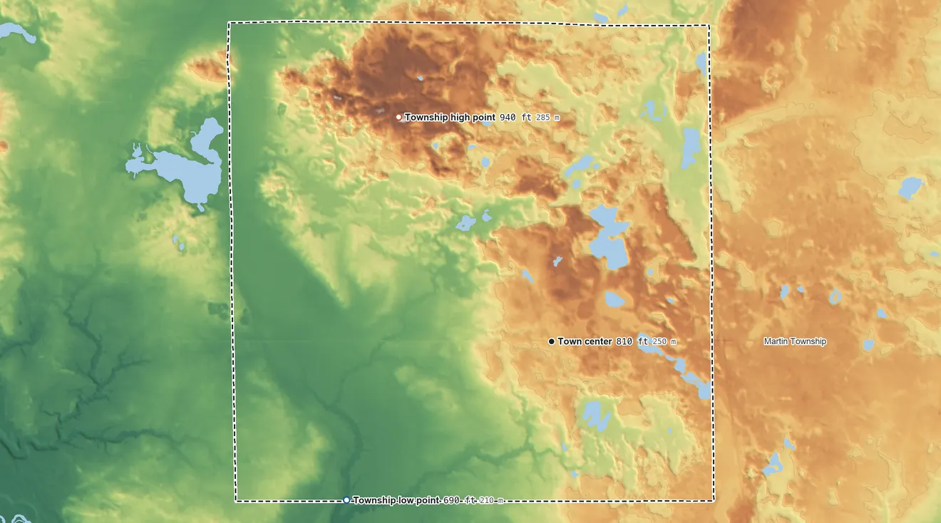 Topographic elevation map of Watson Township, Michigan, shaded from 690 ft on the southwest side to 940 ft on the northwest side