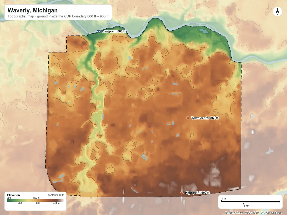 Topographic elevation map of Waverly, Michigan, shaded from 800 ft on the northwest side to 900 ft on the south side
