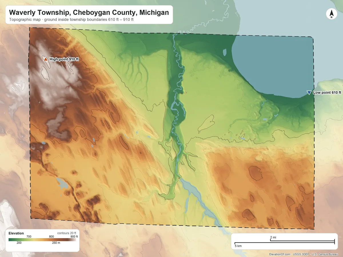 Topographic elevation map of Waverly Township, Cheboygan County, Michigan, shaded from 610 ft on the northeast side to 910 ft on the northwest side