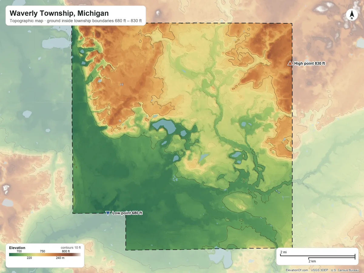 Topographic elevation map of Waverly Township, Michigan, shaded from 680 ft on the southwest side to 830 ft on the northeast side