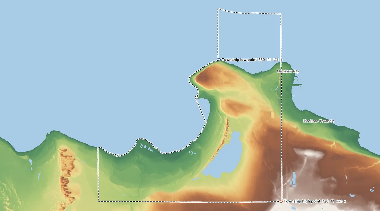 Topographic elevation map of Wawatam Township, Michigan, shaded from 580 ft on the northwest side to 720 ft on the southeast side