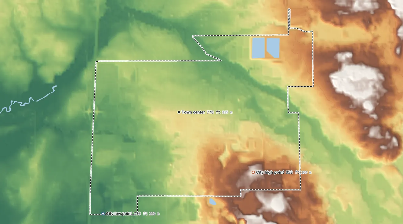 Topographic elevation map of Wayland, Michigan, shaded from 730 ft on the southwest side to 850 ft on the southeast side
