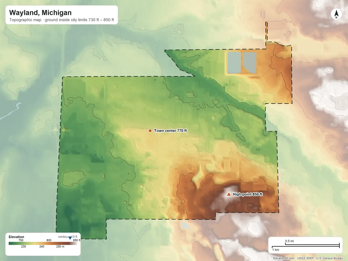Topographic elevation map of Wayland, Michigan, shaded from 730 ft on the southwest side to 850 ft on the southeast side