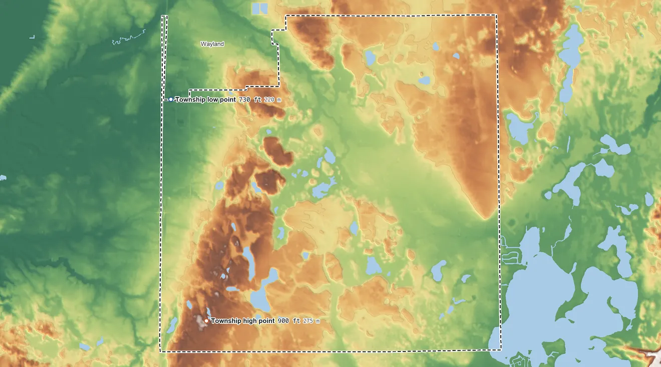 Topographic elevation map of Wayland Township, Michigan, shaded from 730 ft on the northwest side to 900 ft on the southwest side