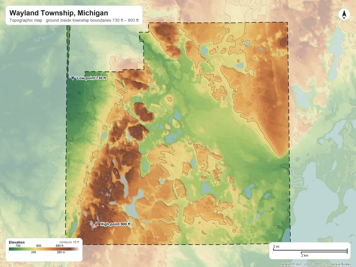 Topographic elevation map of Wayland Township, Michigan, shaded from 730 ft on the northwest side to 900 ft on the southwest side