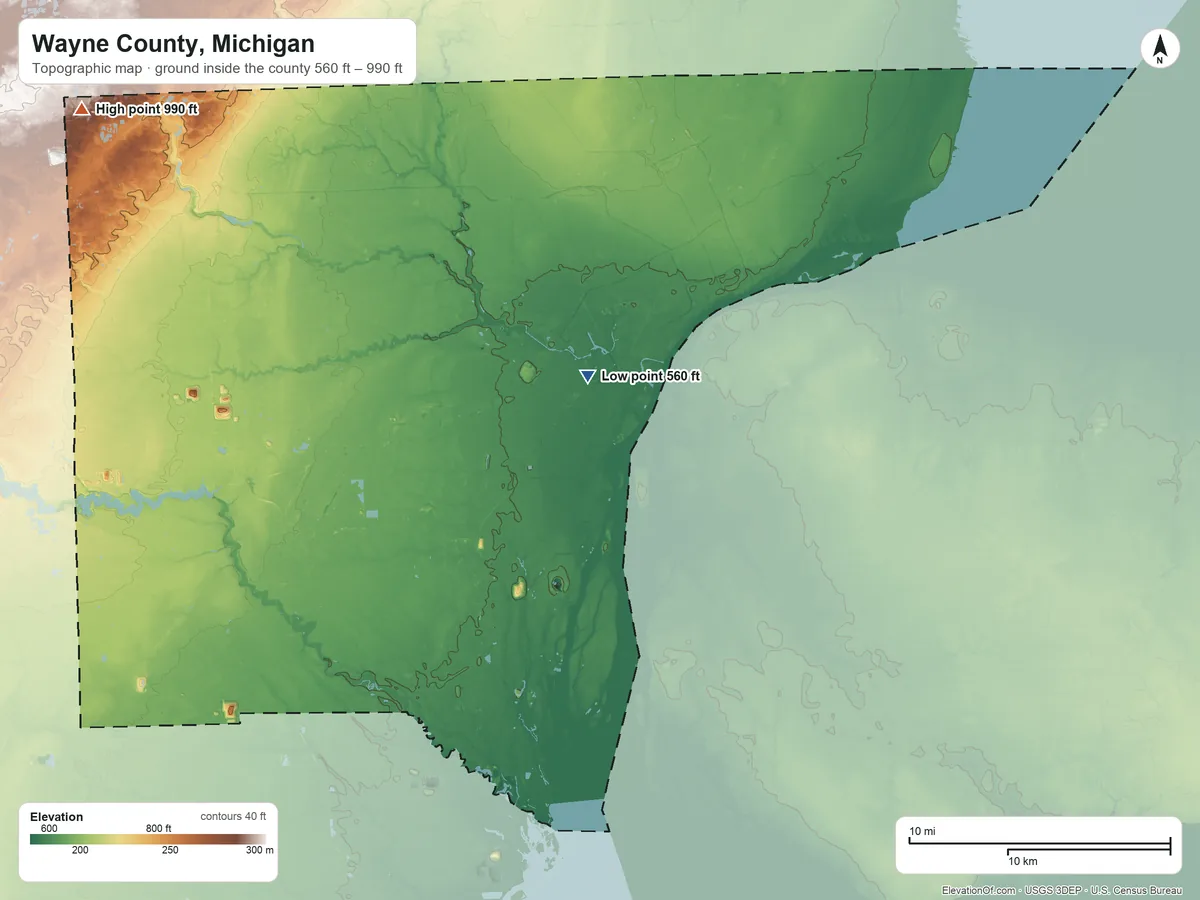 Topographic elevation map of Wayne County, Michigan, shaded from 560 ft near the middle to 990 ft on the northwest side