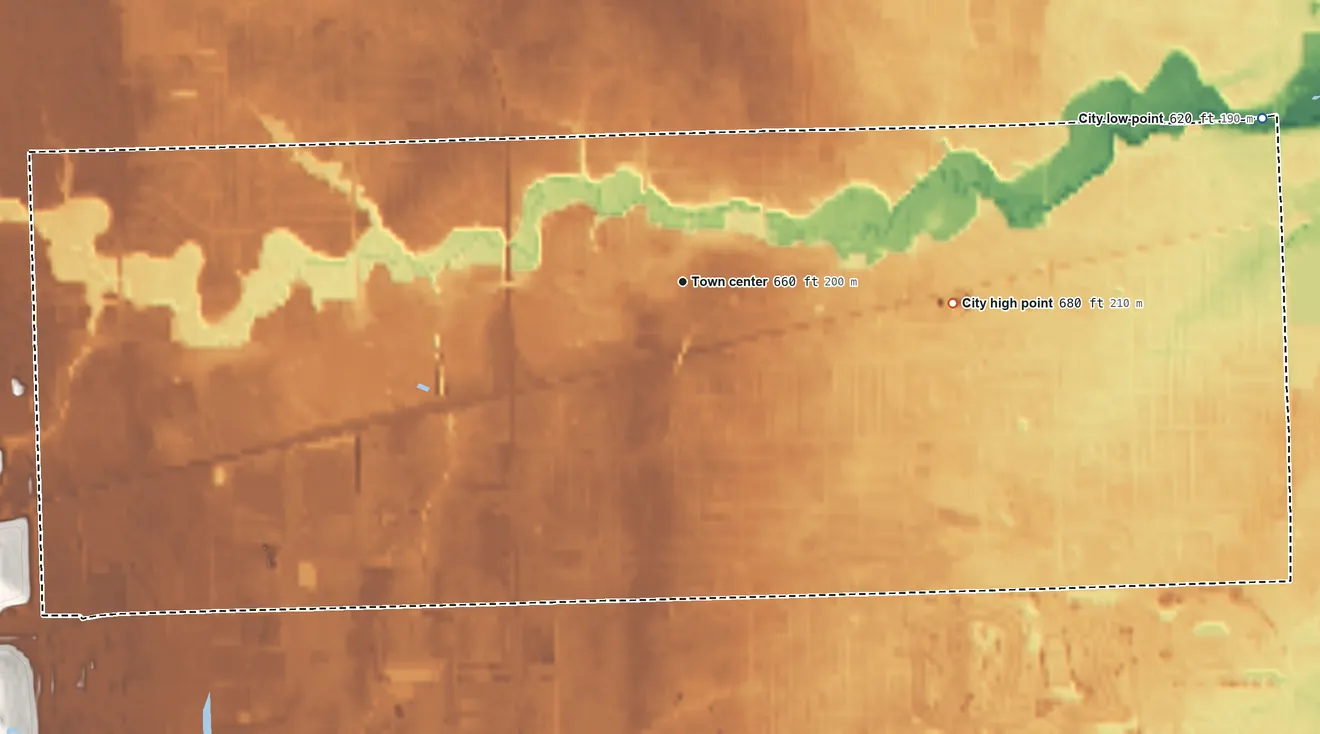 Topographic elevation map of Wayne, Michigan, shaded from 620 ft on the east side to 680 ft on the east side