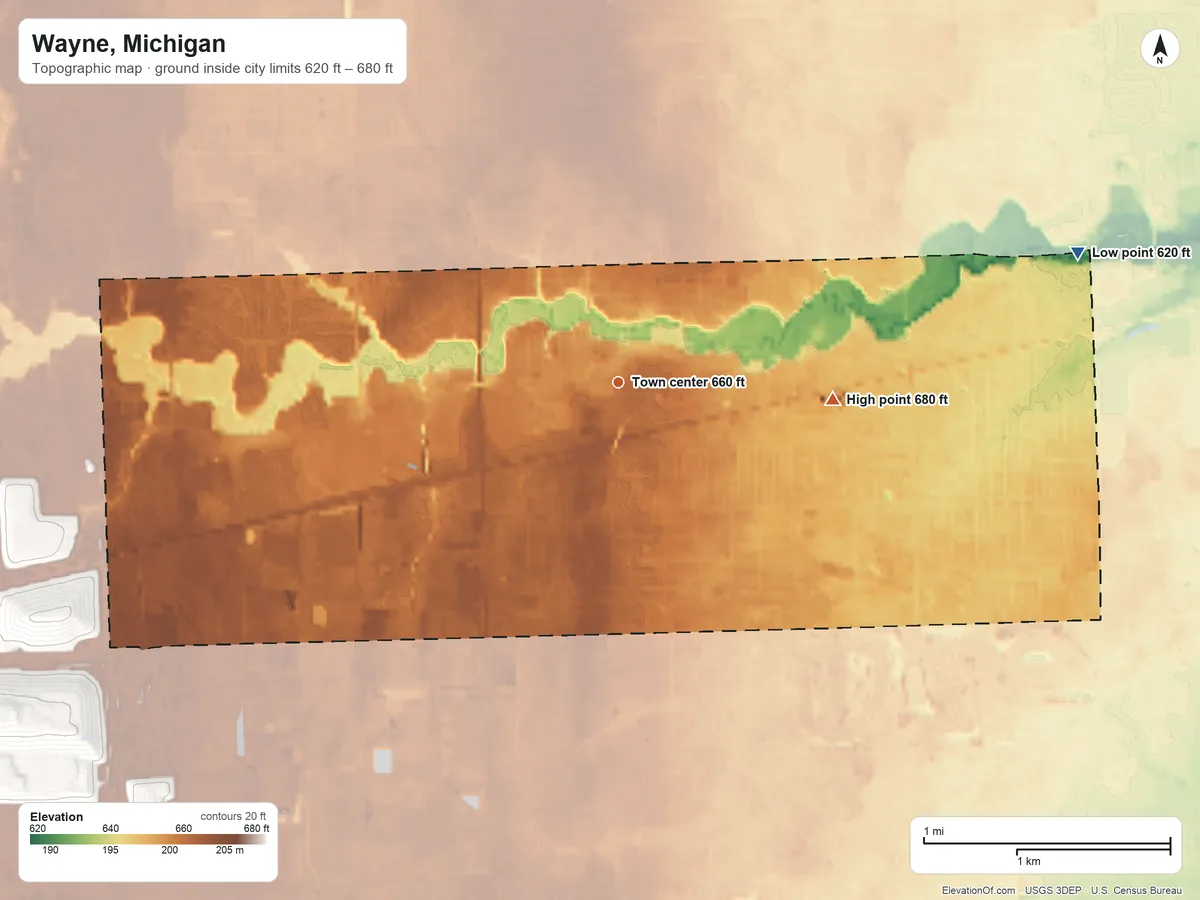 Topographic elevation map of Wayne, Michigan, shaded from 620 ft on the east side to 680 ft on the east side