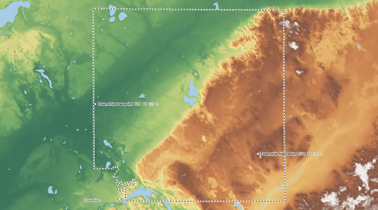 Topographic elevation map of Wayne Township, Michigan, shaded from 720 ft on the west side to 970 ft on the southeast side