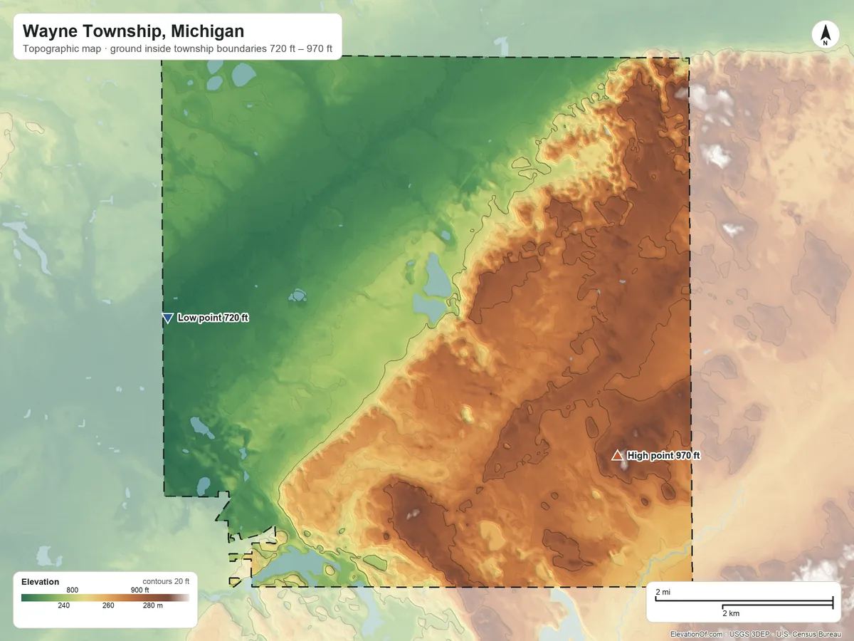Topographic elevation map of Wayne Township, Michigan, shaded from 720 ft on the west side to 970 ft on the southeast side