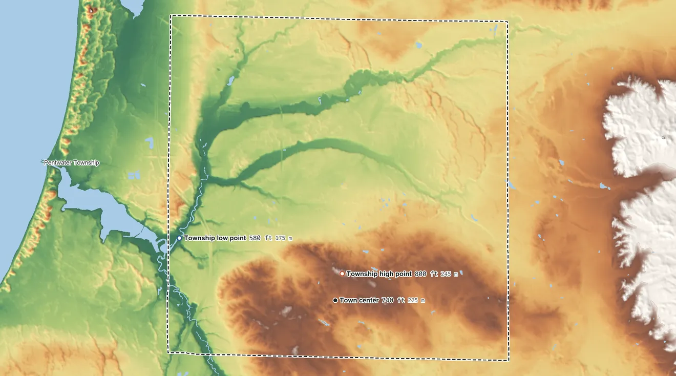 Topographic elevation map of Weare Township, Michigan, shaded from 580 ft on the west side to 800 ft near the middle