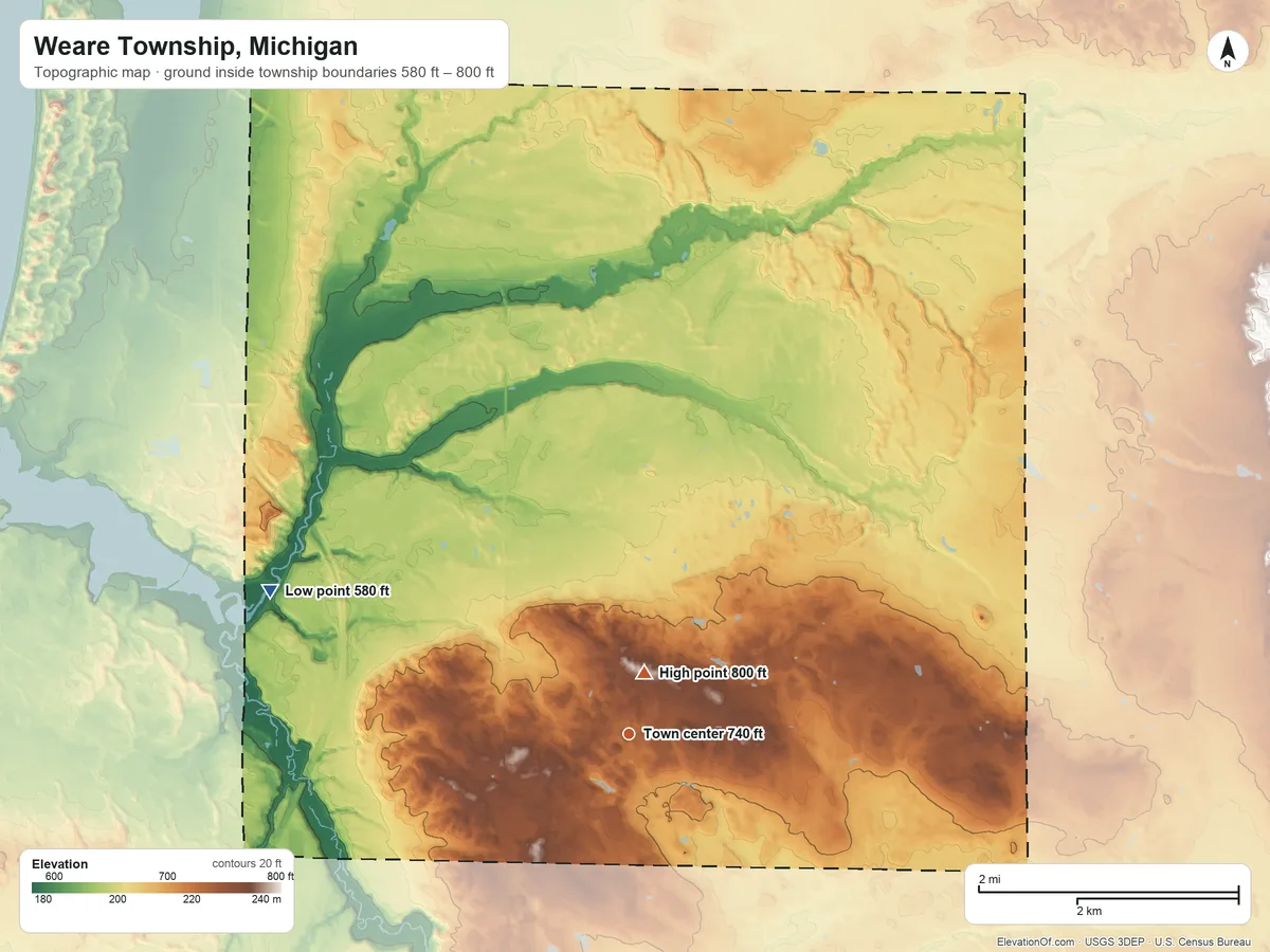 Topographic elevation map of Weare Township, Michigan, shaded from 580 ft on the west side to 800 ft near the middle
