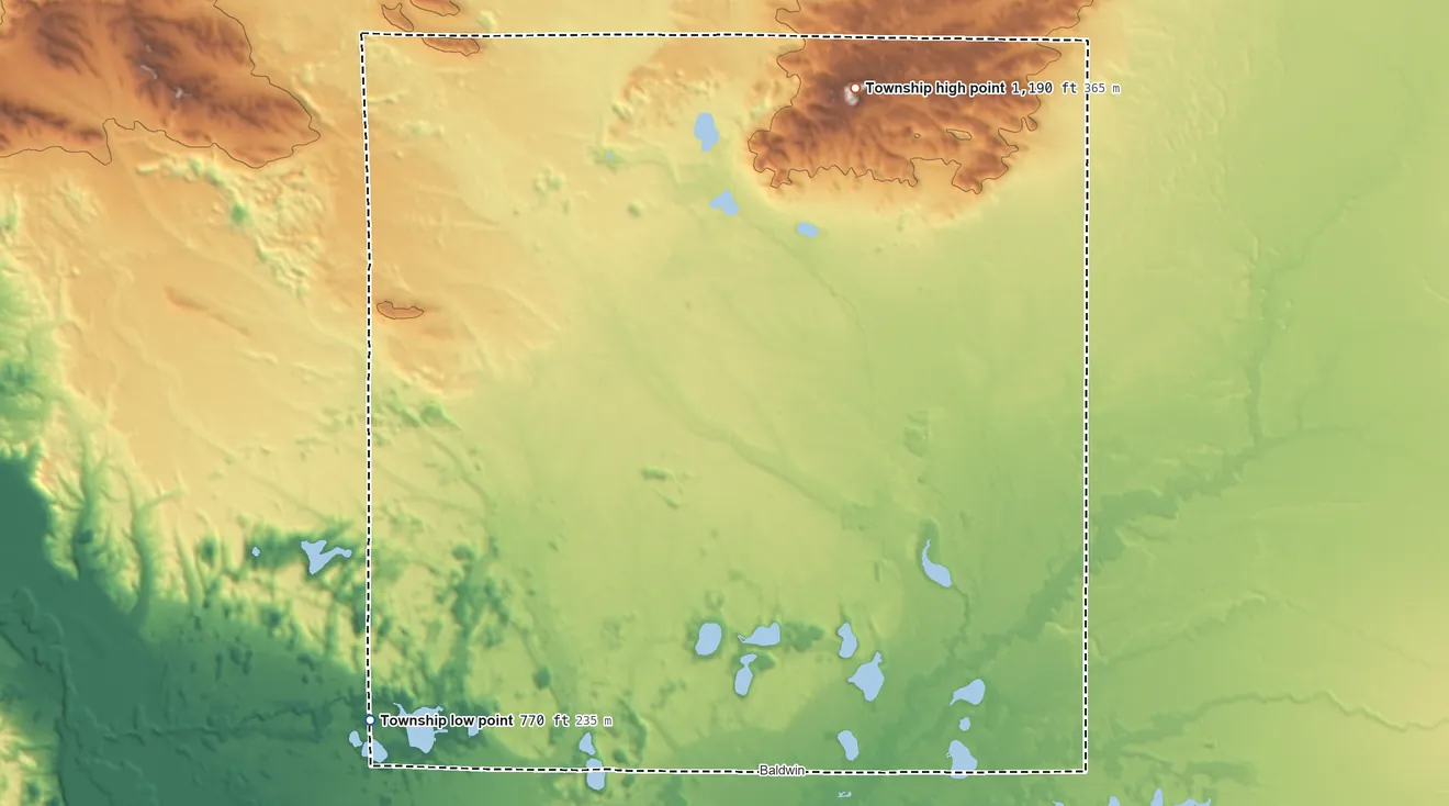 Topographic elevation map of Webber Township, Michigan, shaded from 770 ft on the west side to 1,190 ft on the north side