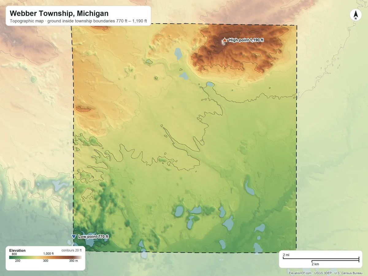 Topographic elevation map of Webber Township, Michigan, shaded from 770 ft on the west side to 1,190 ft on the north side