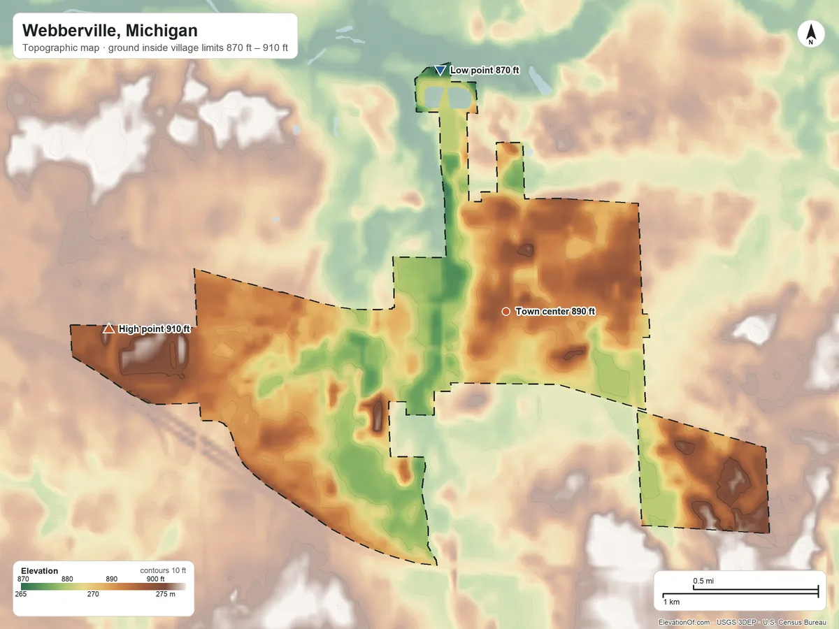 Topographic elevation map of Webberville, Michigan, shaded from 870 ft on the north side to 910 ft on the west side