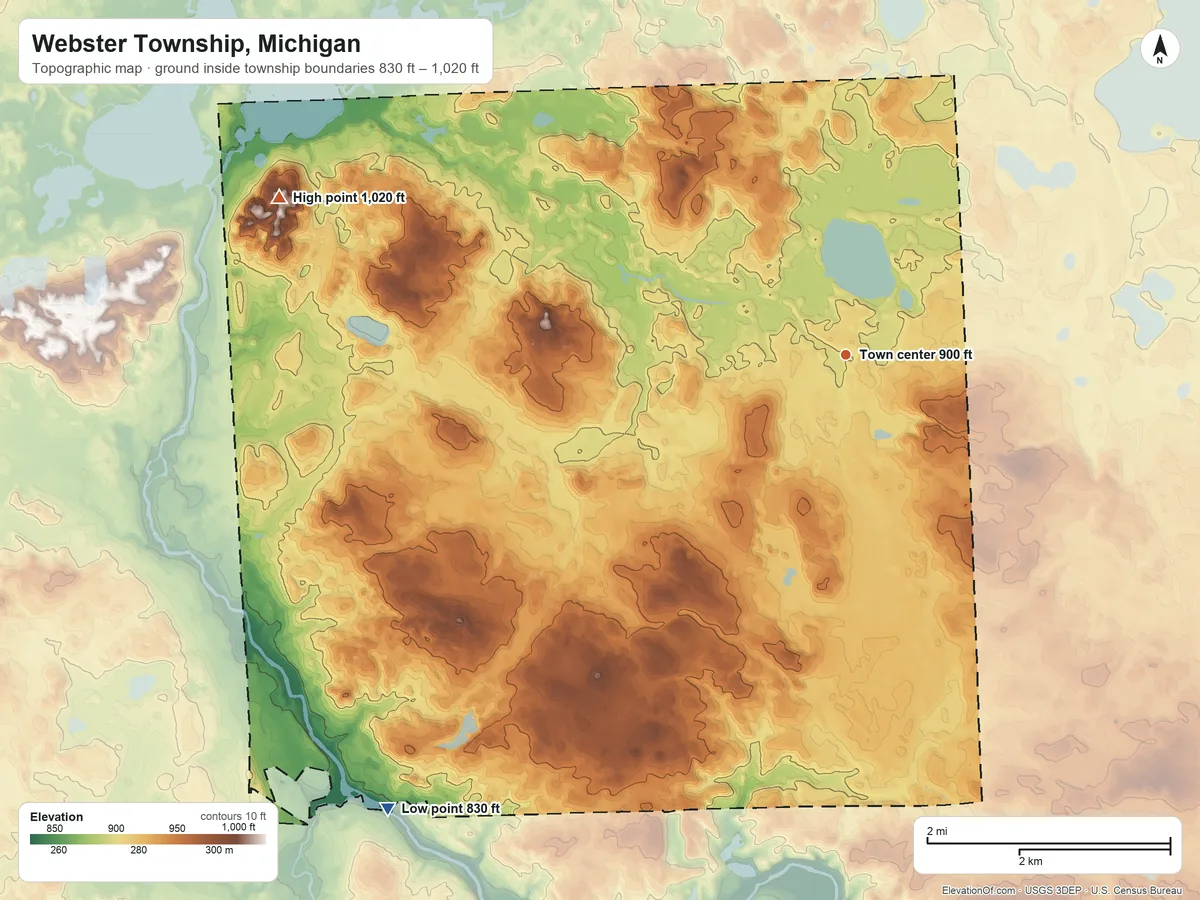 Topographic elevation map of Webster Township, Michigan, shaded from 830 ft on the southwest side to 1,020 ft on the west side