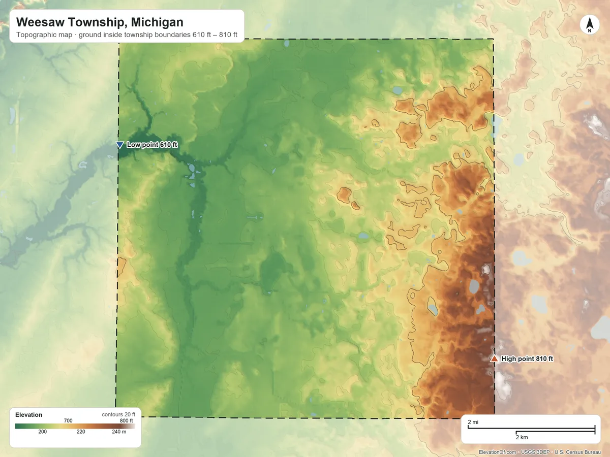 Topographic elevation map of Weesaw Township, Michigan, shaded from 610 ft on the northwest side to 810 ft on the southeast side