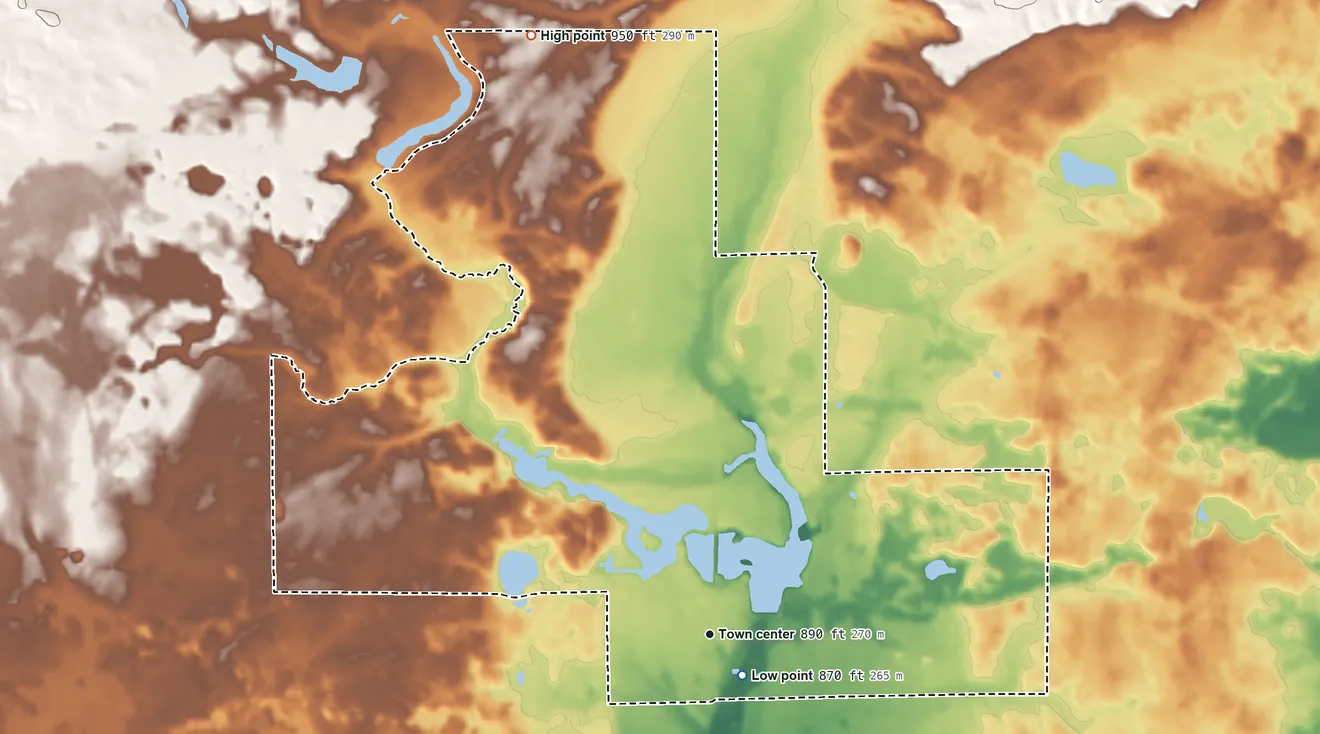Topographic elevation map of Weidman, Michigan, shaded from 870 ft near the middle to 950 ft on the north side