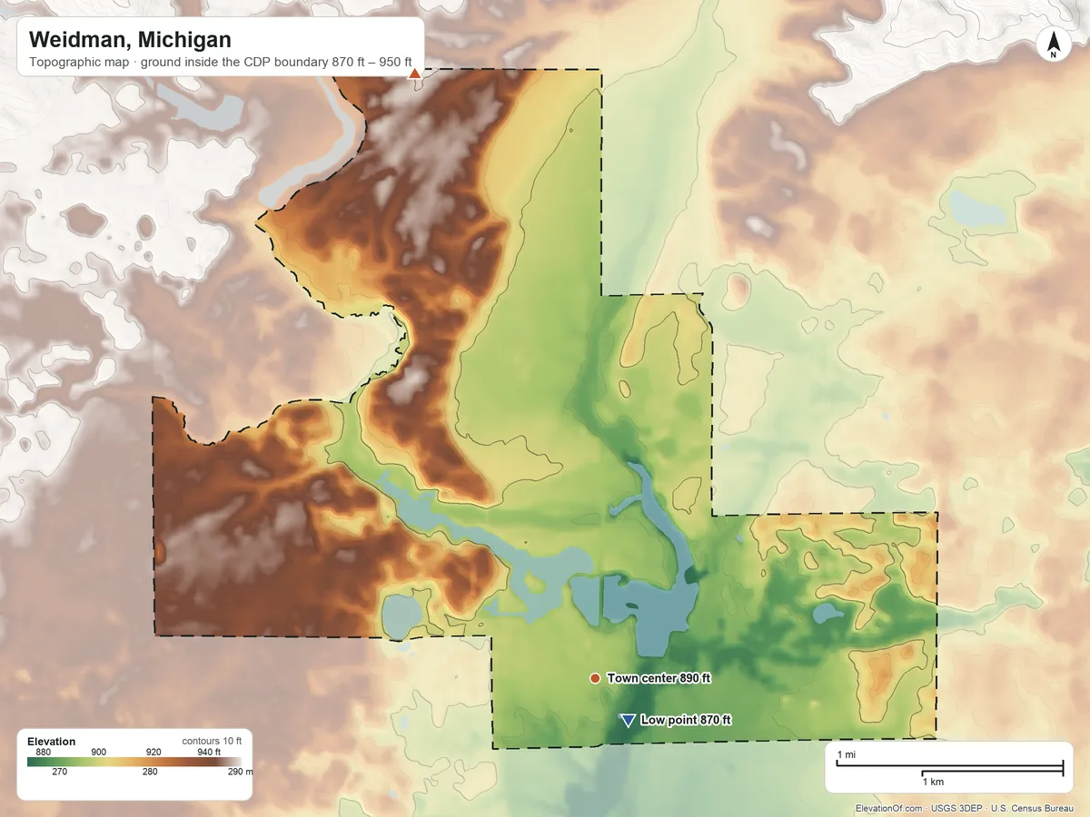 Topographic elevation map of Weidman, Michigan, shaded from 870 ft near the middle to 950 ft on the north side