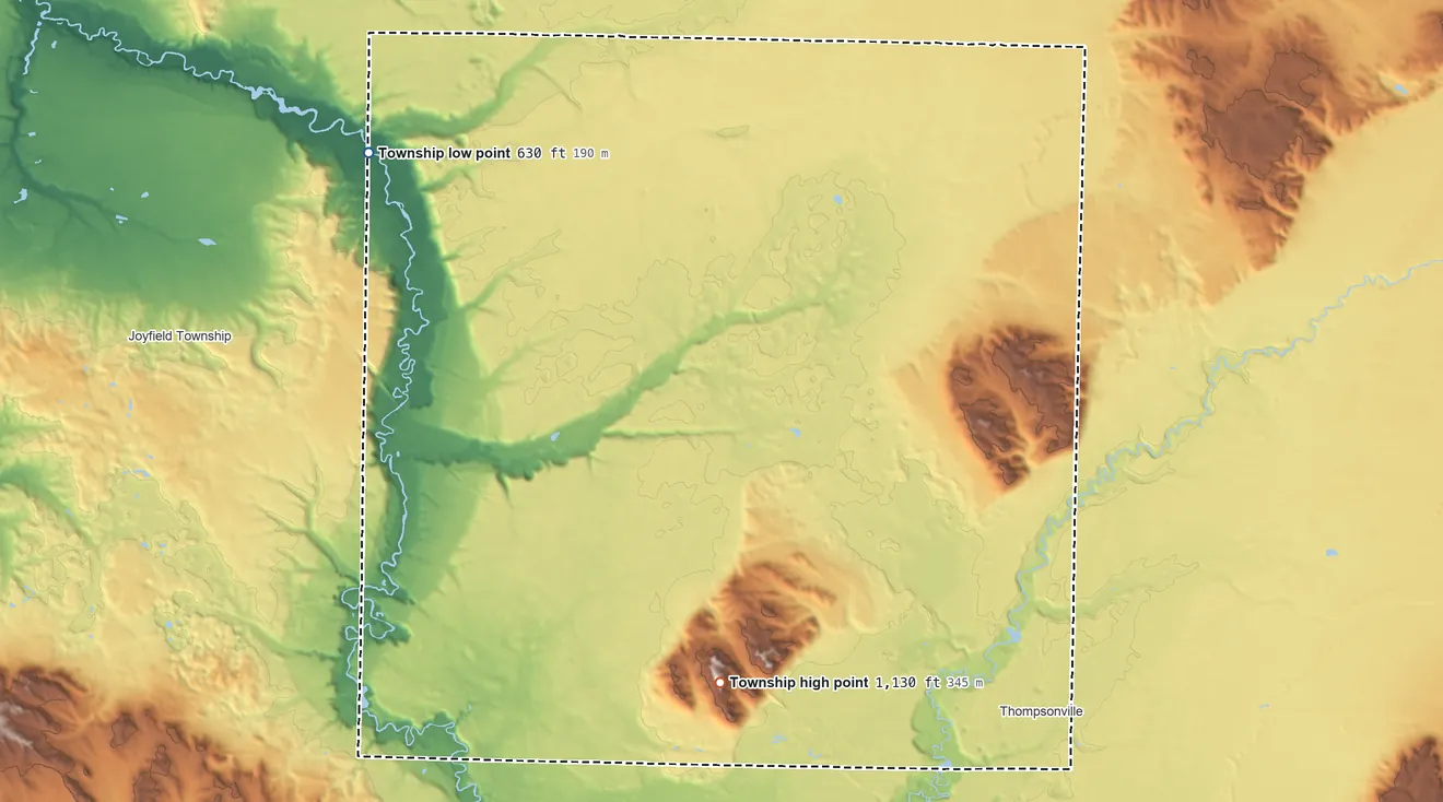 Topographic elevation map of Weldon Township, Michigan, shaded from 630 ft on the northwest side to 1,130 ft on Buck Hills
