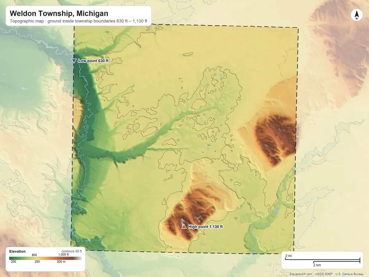 Topographic elevation map of Weldon Township, Michigan, shaded from 630 ft on the northwest side to 1,130 ft on Buck Hills
