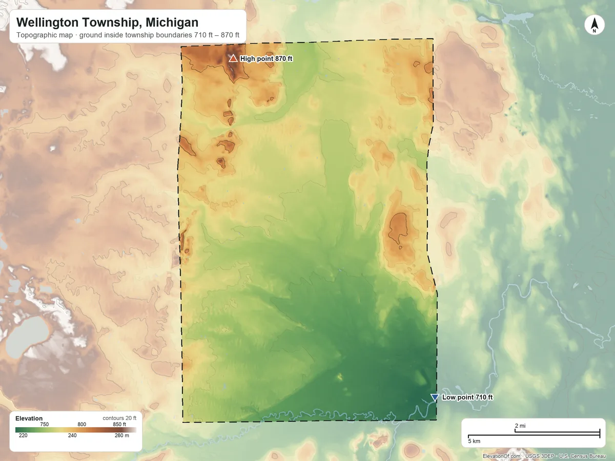Topographic elevation map of Wellington Township, Michigan, shaded from 710 ft on the southeast side to 870 ft on the northwest side