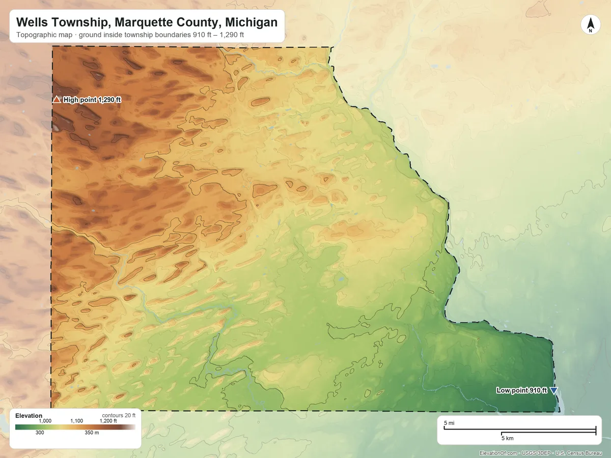 Topographic elevation map of Wells Township, Marquette County, Michigan, shaded from 910 ft on the east side to 1,290 ft on the northwest side