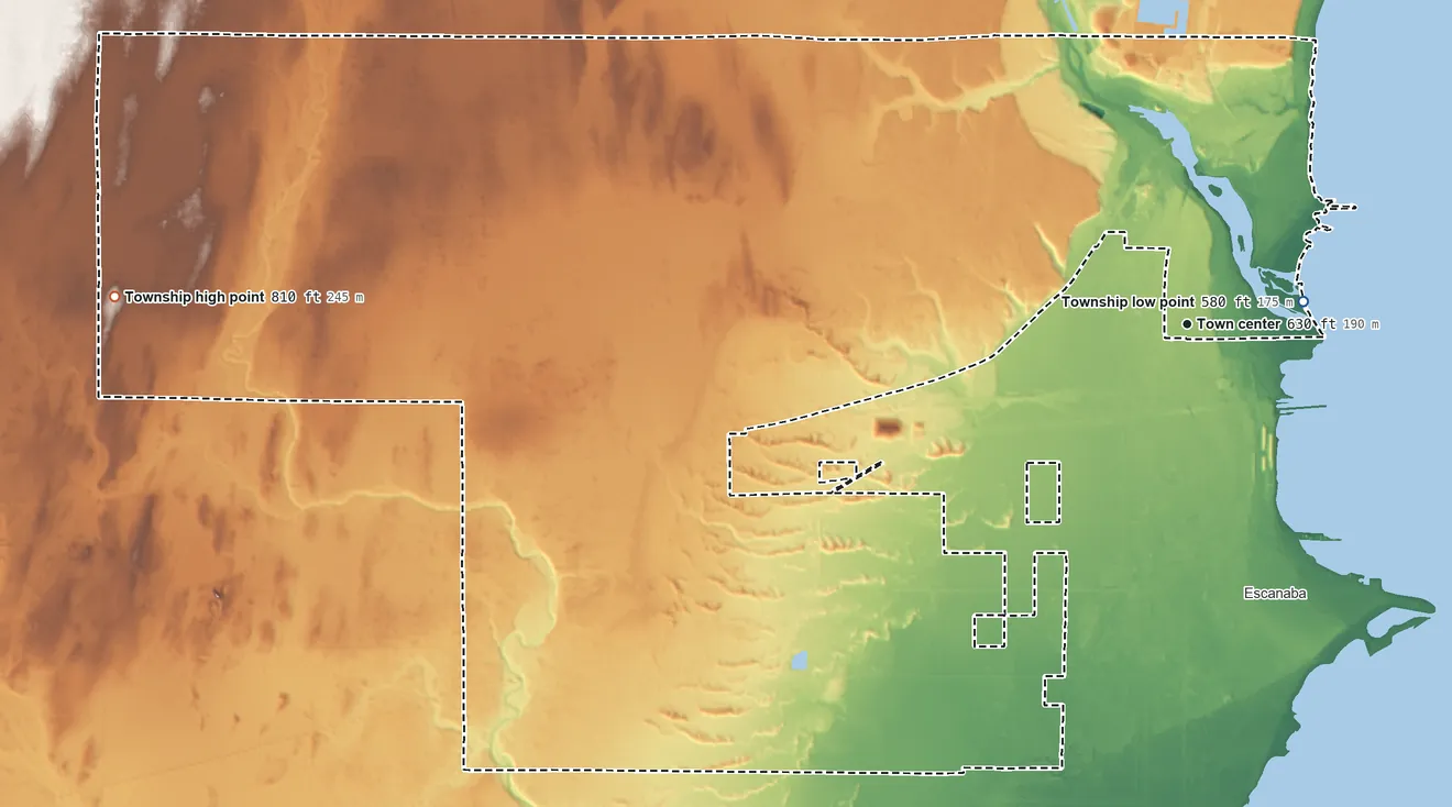 Topographic elevation map of Wells Township, Michigan, shaded from 580 ft near the middle to 810 ft on the west side