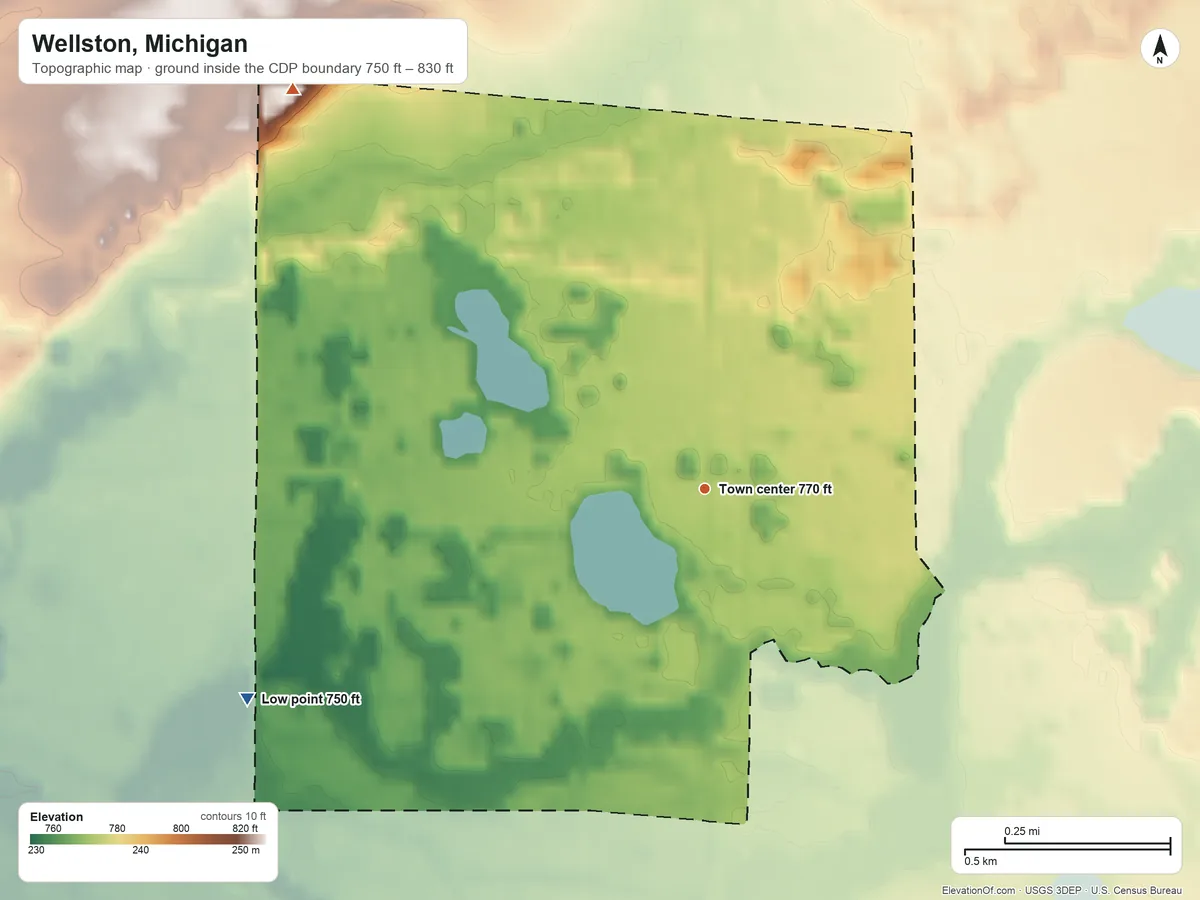 Topographic elevation map of Wellston, Michigan, shaded from 750 ft on the southwest side to 830 ft on the northwest side