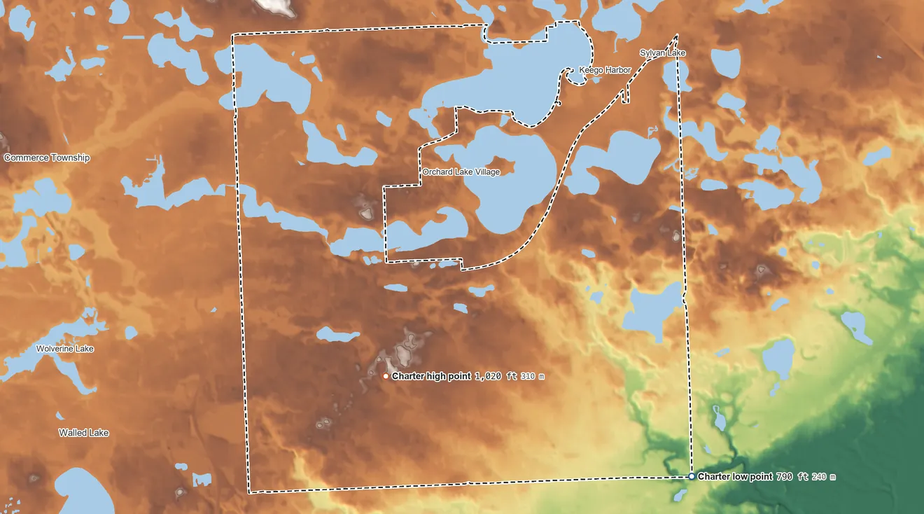 Topographic elevation map of West Bloomfield Township, Michigan, shaded from 790 ft on the southeast side to 1,020 ft on the southwest side