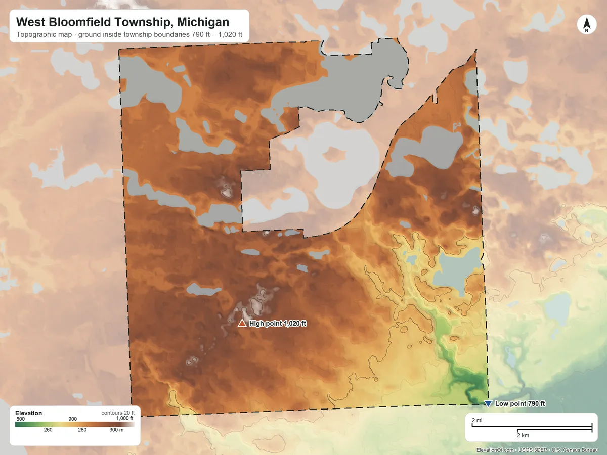 Topographic elevation map of West Bloomfield Township, Michigan, shaded from 790 ft on the southeast side to 1,020 ft on the southwest side