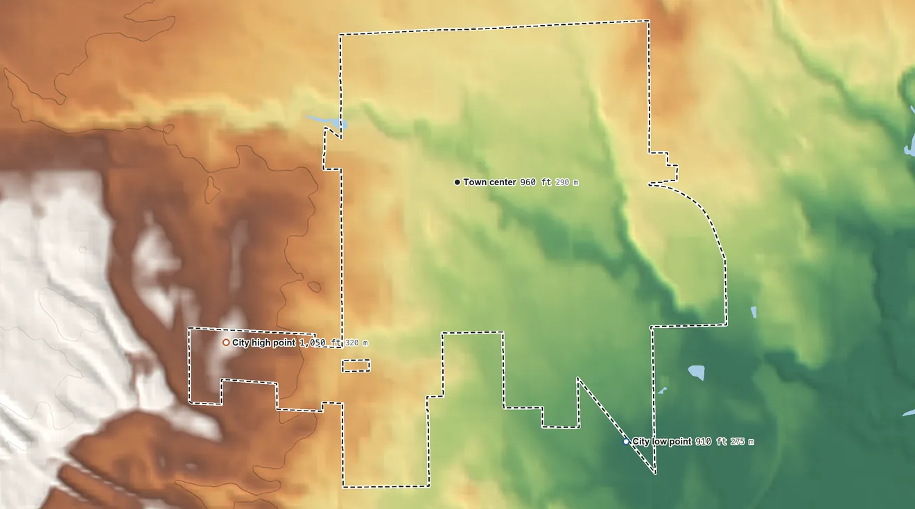Topographic elevation map of West Branch, Michigan, shaded from 910 ft on the southeast side to 1,050 ft on the southwest side