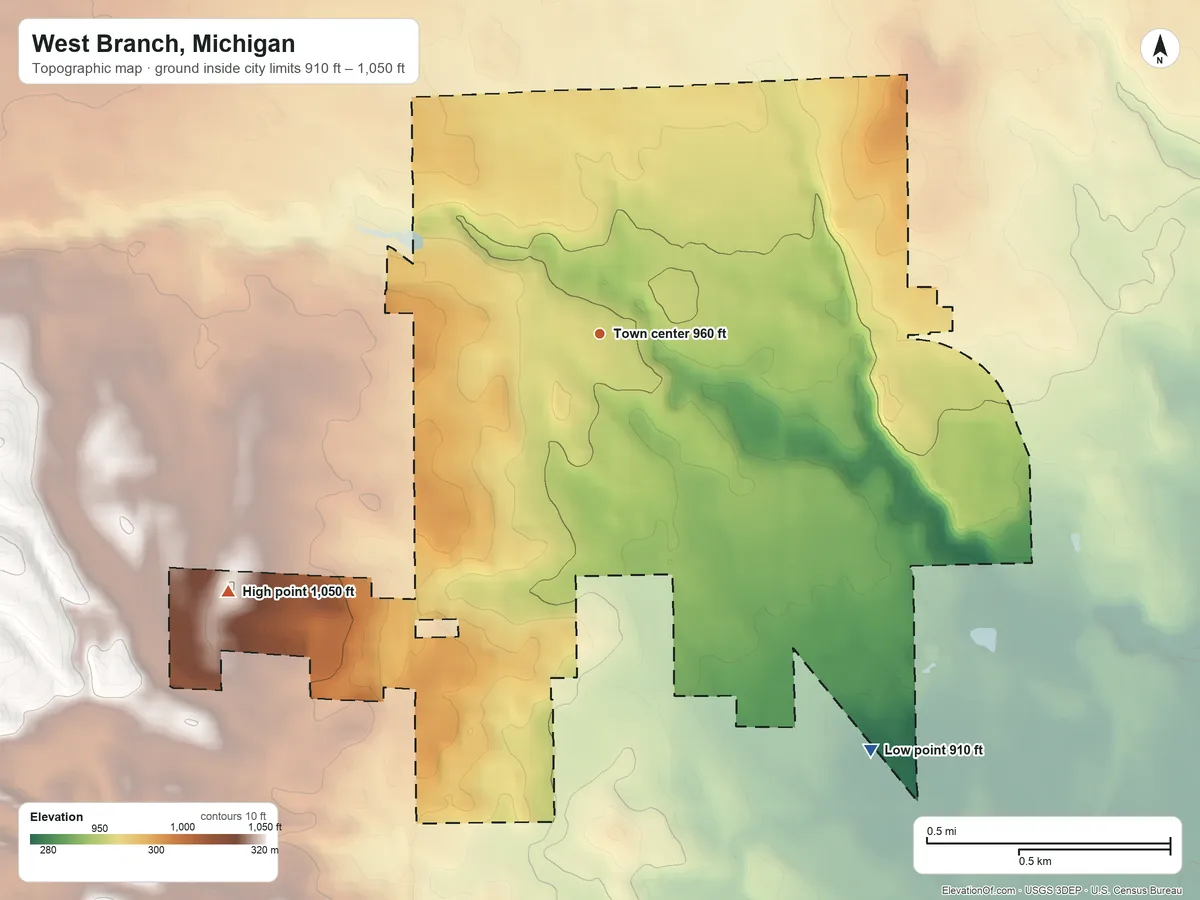 Topographic elevation map of West Branch, Michigan, shaded from 910 ft on the southeast side to 1,050 ft on the southwest side