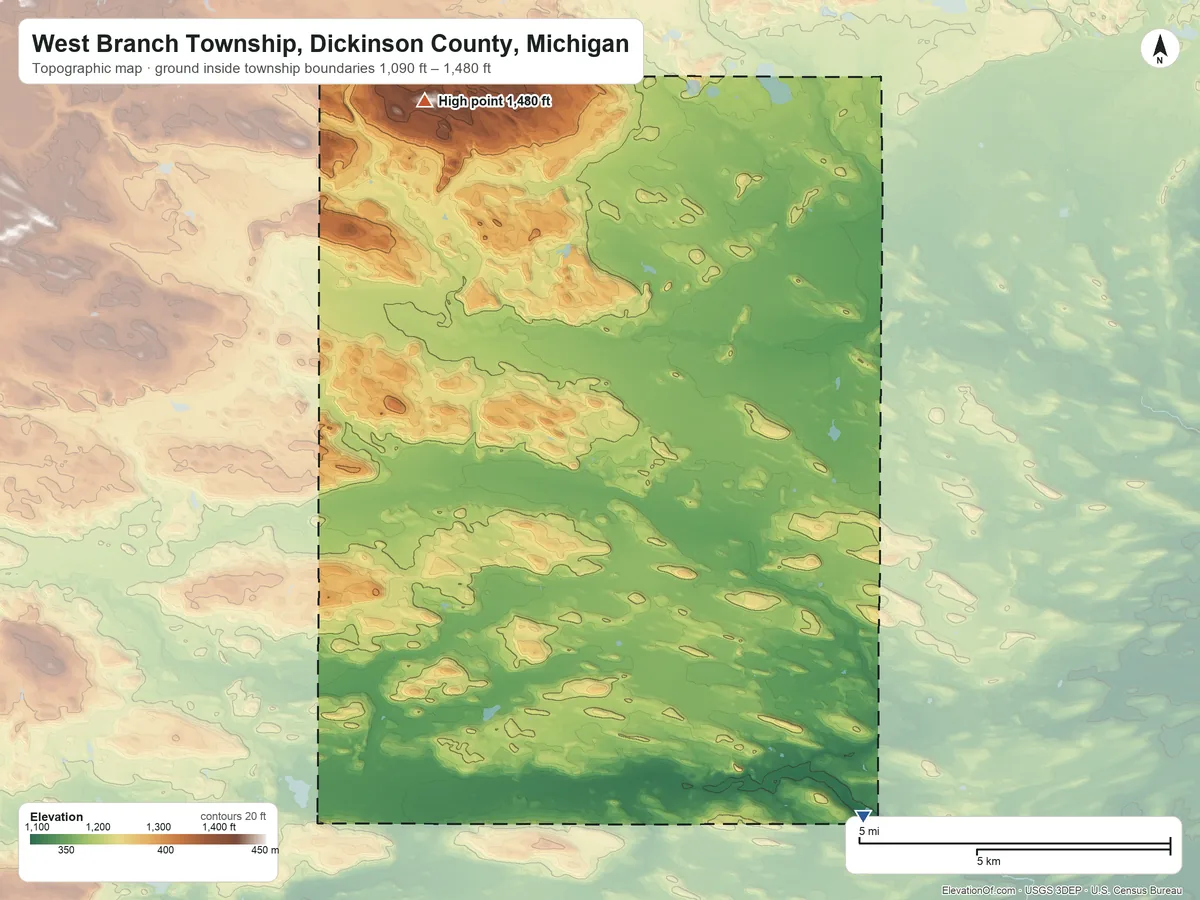Topographic elevation map of West Branch Township, Dickinson County, Michigan, shaded from 1,090 ft on the east side to 1,480 ft on the north side