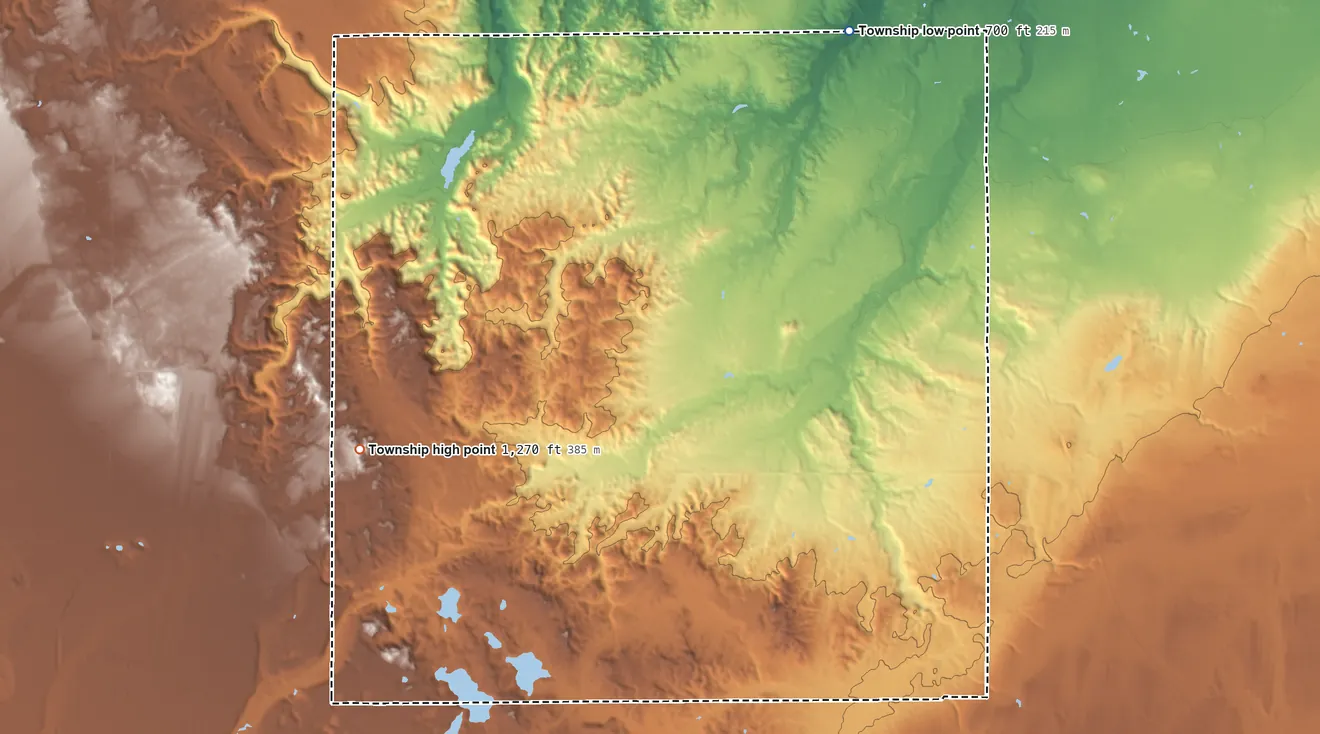 Topographic elevation map of West Branch Township, Marquette County, Michigan, shaded from 700 ft on the northeast side to 1,270 ft on the northwest side