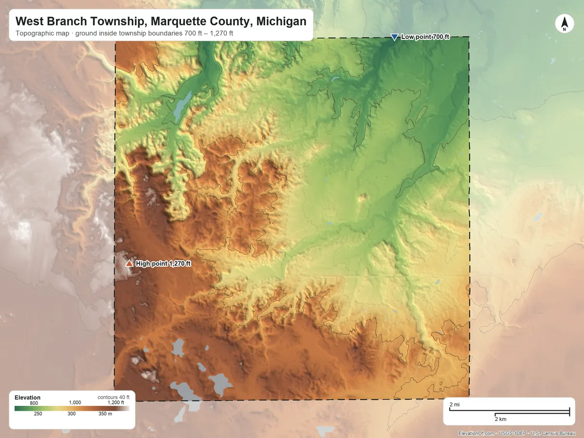 Topographic elevation map of West Branch Township, Marquette County, Michigan, shaded from 700 ft on the northeast side to 1,270 ft on the northwest side