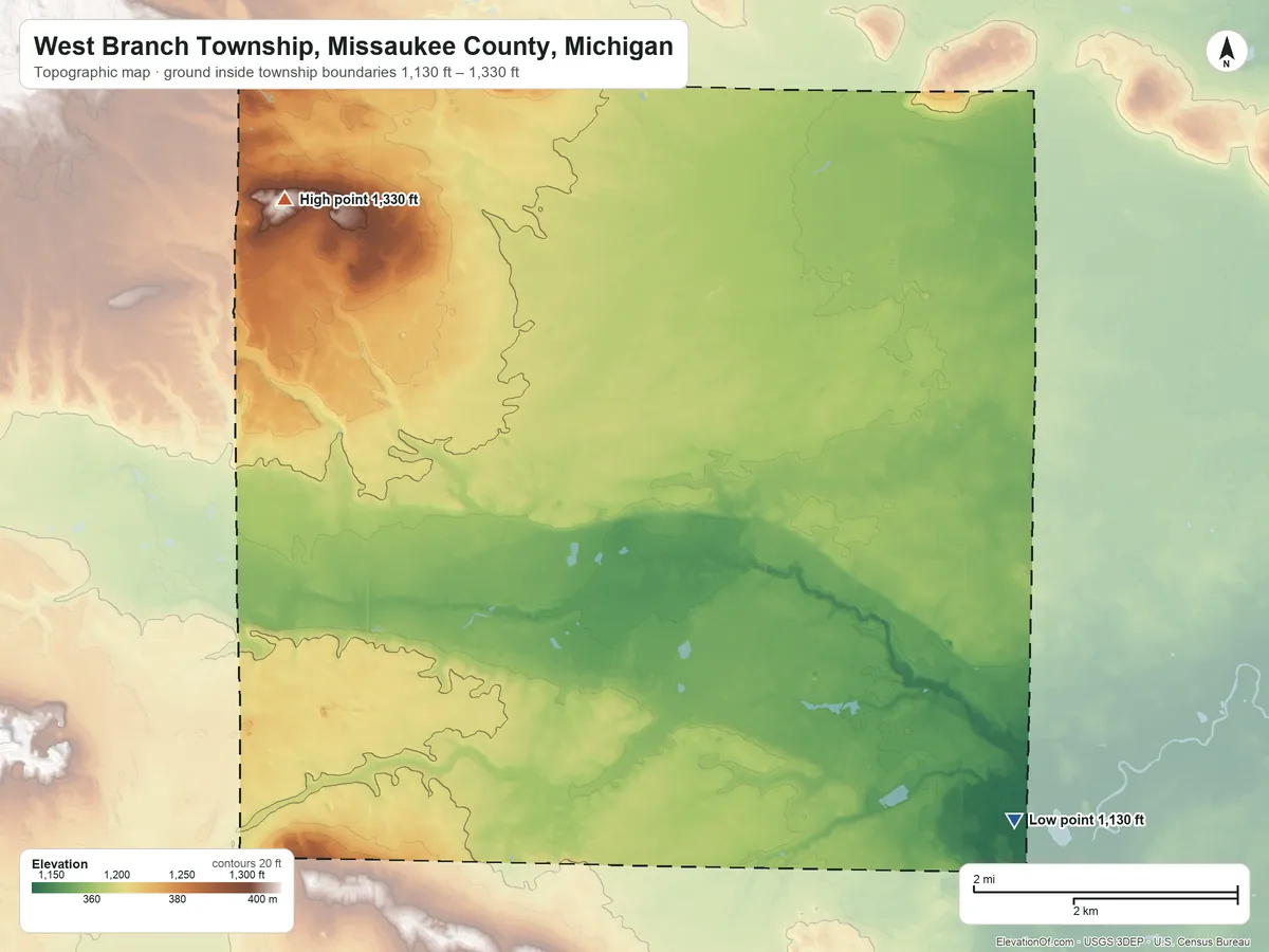 Topographic elevation map of West Branch Township, Missaukee County, Michigan, shaded from 1,130 ft on the southeast side to 1,330 ft on the northwest side