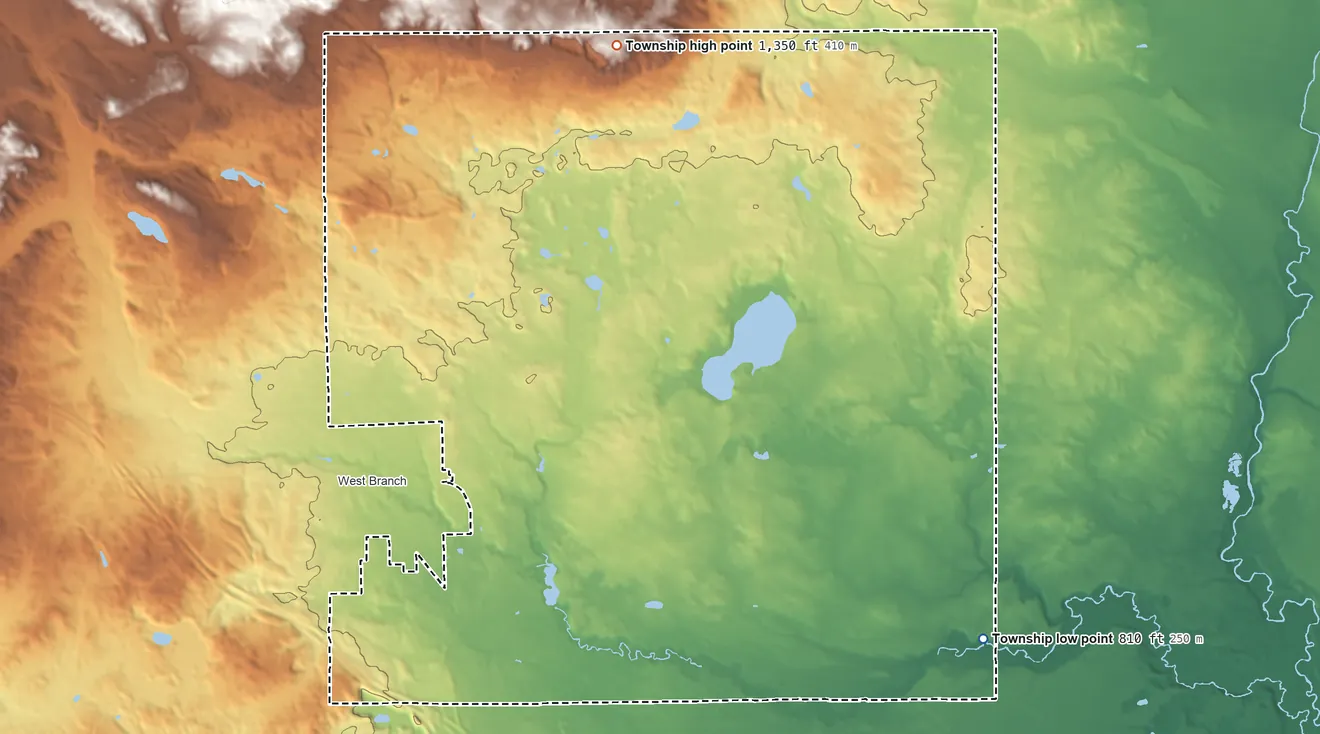 Topographic elevation map of West Branch Township, Michigan, shaded from 810 ft on the southeast side to 1,350 ft on the north side