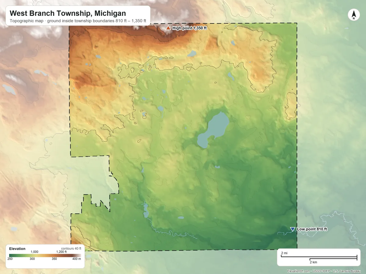 Topographic elevation map of West Branch Township, Michigan, shaded from 810 ft on the southeast side to 1,350 ft on the north side
