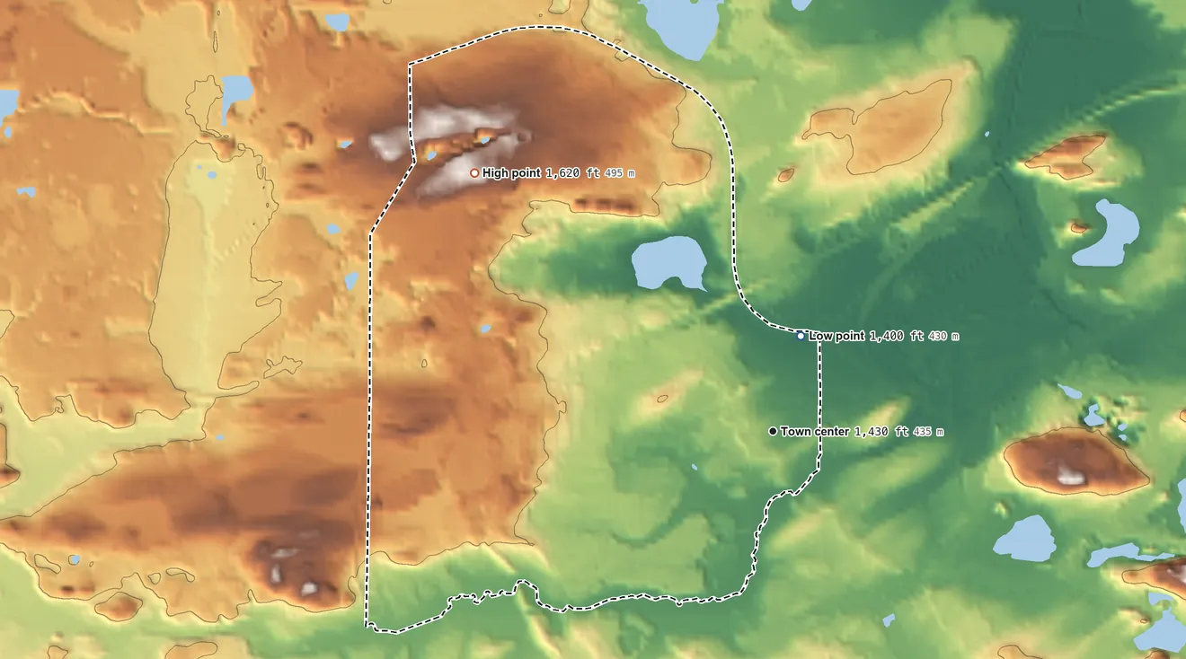 Topographic elevation map of West Ishpeming, Michigan, shaded from 1,400 ft on the north side to 1,620 ft on the northwest side